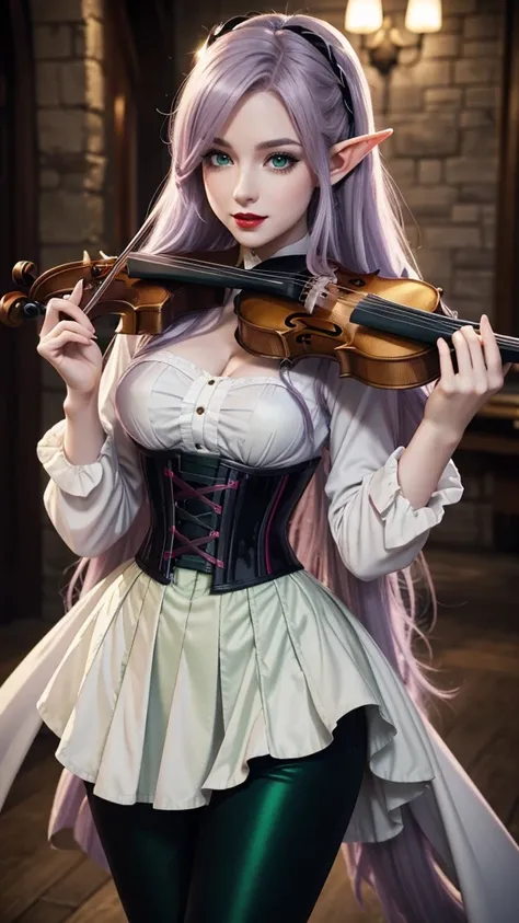 Irish woman, anime, modest, beautiful, high quality, night, 8k, long waist length light pale purple hair, green eyes, red lips, eyelashes, 1700 century black pants, corset, white blouse, boots, elf ears, large fairy wings, violin 