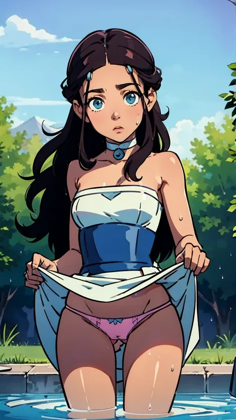 score_9_up, score_8_up, score_7_up, katara, wearing strapless mini bodycon dress, upskirt, skirt lift, cute panty visible, wearing panty, standing in water, wet, looking at viewer, shy, confused