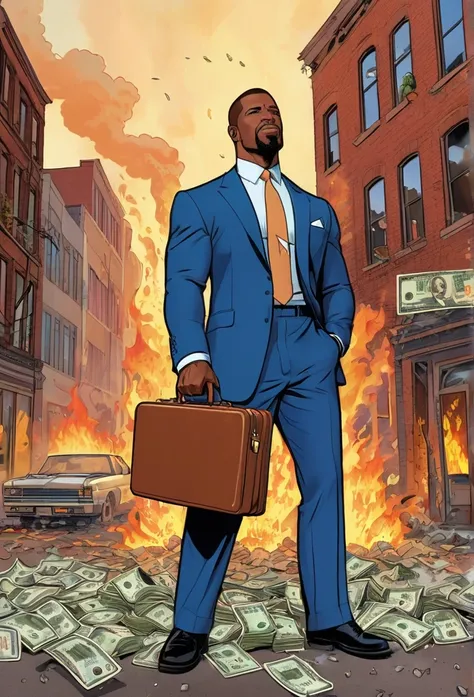 Graffiti style , art by Tom Gill, art by Fred Guardineer, art by Paul S. Newman, art by Carl Pfeufer, flat colors, cell shading, vibrant pastels,Street art, vibrant, urban, detailed, tag, mural, a prim dapper business man smugly holding a briefcase as the ...