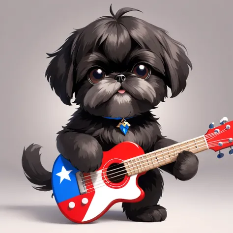 2 Adorable small black Shih Tzu puppies wearing red sunglasses playing guitar red white and blue background Pixar 3D cartoon
