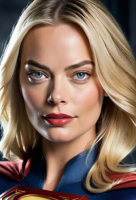 (((In extreme close-up, a woman with a mature face Margot Robbie under the mantle of the Kryptonian Kara Zor-The alias Supergirl (((blond hair largo))), Splash color images))),(((blond hair))),(((Abundant hair)))