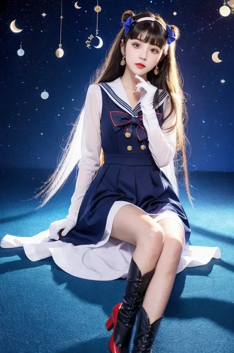 masterpiece, Highest quality, (1 Girl), Super Sailor Moon, Cowboy Lens, night sky, moonlight, night, White gloves, blue eyes, Galaxy Background, Colorful clothes, , Blue Skirt, hair ornaments, Red Bow, brooch, heart brooch, Earrings, Crescent Moon, heart n...