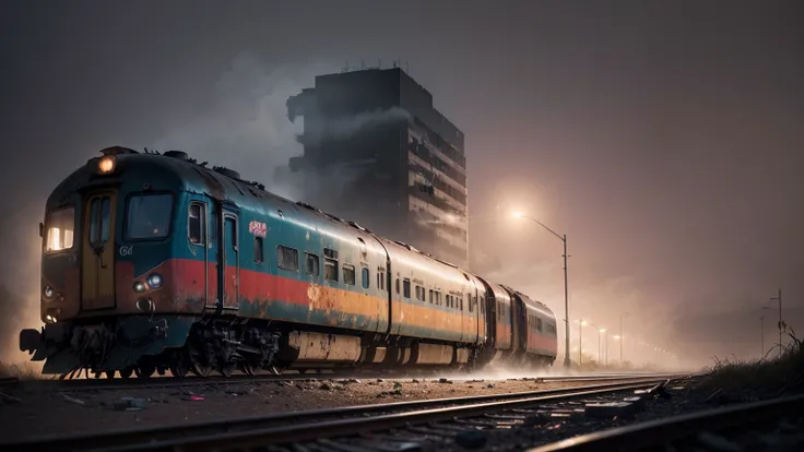 (Night, Dark, terrible, Ghastly, dreariness:1.9), (foggy:1.7), (There is a railway nearby:1.5), (Dilapidated trains on railways:1.6), (Chaotic and dirty alleys:1.3), ((((Multi-storey and complex buildings)))), (Dilapidated building:1.6), (brick walls:1.3),...