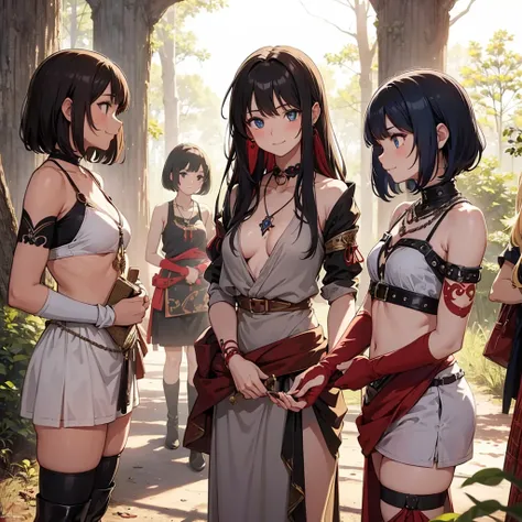 a group of beautiful witch girls in the middle of a forest in the night, tribal tattoo ,multiple girls, five girls, red and black hair , standing girl young girl, gloves, elbow pads, boots, smiles, witch hat , small breasts, long black dress, necklaces, je...