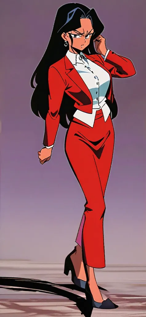 EVIL BLACK BUSINESS WOMAN WEARING A BLOUSE WITH A RED SKIRT SUIT 90s anime art style full body