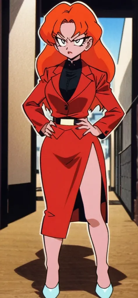 EVIL BLACK BUSINESS WOMAN WEARING A BLOUSE WITH A RED SKIRT SUIT 90s anime art style full body