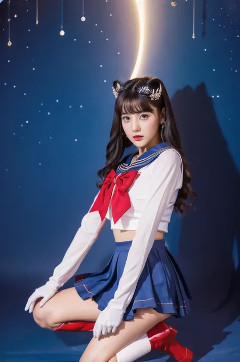 masterpiece, Highest quality, (1 Girl), Super Sailor Moon, Cowboy Lens, night sky, moonlight, night, White gloves, blue eyes, Galaxy Background, Colorful clothes, , Blue Skirt, hair ornaments, Red Bow, brooch, heart brooch, Earrings, Crescent Moon, heart n...