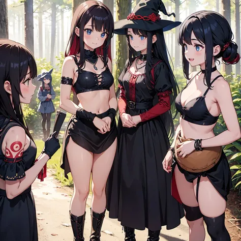 a group of beautiful witch girls in the middle of a forest in the night, tribal tattoo ,multiple girls, five girls, red and black hair , standing girl young girl, gloves, elbow pads, boots, smiles, witch hat , small breasts, long black dress, necklaces, je...