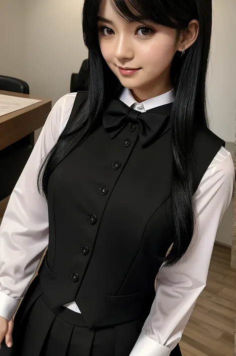 2D,long black hair, small waist, uniform a blouse with a black vest and a red bow, blushing