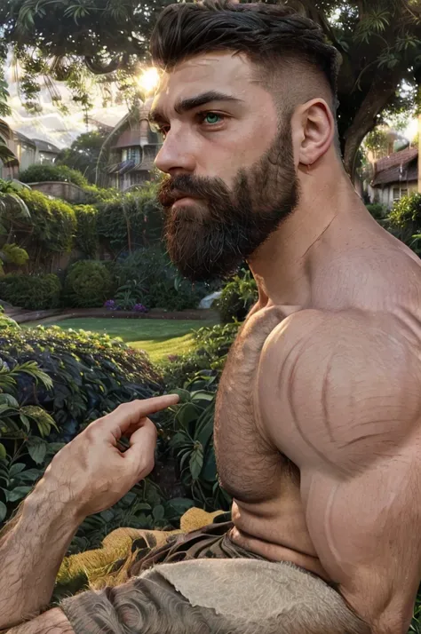 a handsome muscular man sitting in a garden, highly detailed, 8k, ultrarealistic, photorealistic, cinematic lighting, profession...