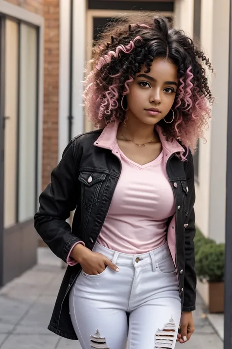 1 girl, brown skin, (masterpiece), curly hair, Small breasts, Black hair, pink eyes, Black jacket, white shirt, jeans, anime girl, latina, pink hair