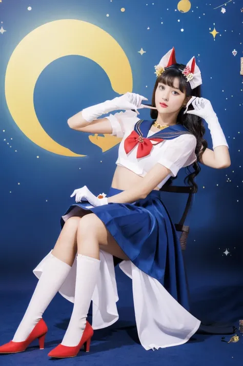 masterpiece, Highest quality, (1 Girl), Super Sailor Moon, Cowboy Lens, night sky, moonlight, night, White gloves, blue eyes, Galaxy Background, Colorful clothes, , Blue Skirt, hair ornaments, Red Bow, brooch, heart brooch, Earrings, Crescent Moon, heart n...