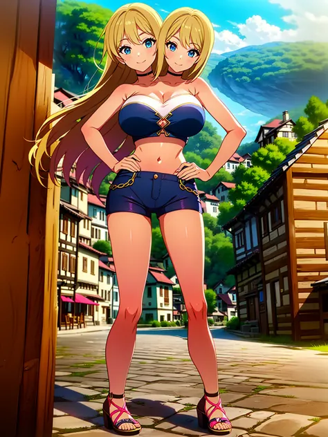 best quality, (masterpiece),(ultra-detailed), (high quality), (high resolution), ((2heads:1.5)), best quality:1.5, highres, UHD, 16K), ((two headed woman)), smiling, highres, masterpiece,, ((blonde hair)), cleavage, ((white crop top:1.5)), lustrous and smo...