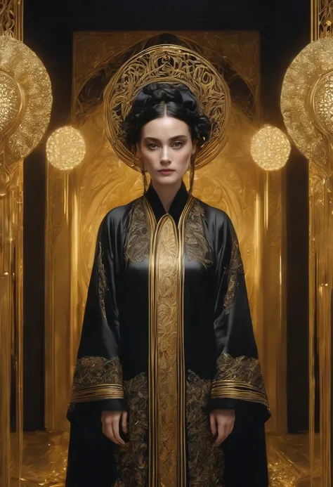 Surrealism, beautiful, Photo-realistic, detailed, Art Nouveau, like alex garland (Alex Garland) Such a girl, Dressed in gold and black robes，There is calligraphy on it, ultra detailed, Reality, highly detailed, Movie, 8K——ar9:16