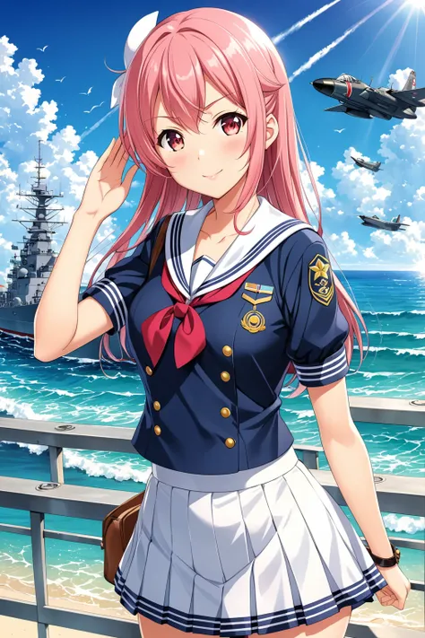 (Ultra-detailed illustrations:1.2),salute,Anime Girls in sailor outfit standing on beach with sun shining, Kantai Collection Style, Cute girl anime visuals, Beautiful anime school girl, junko enoshima, Smooth anime CG art, maAlso kitagawa fanart, Official ...