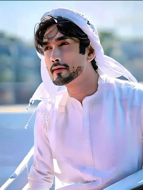 a young asian man, nadech kugimiya face, off-white traditional arabian thawb robe, white cloak, off-white shemagh turban, standi...