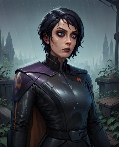 score_9,score_8_up,score_7_up,score_6_up, sabine wren ,,black hair, upper body, wet, armor,gloves,black bodysuit,black cape,belt...