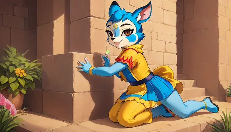 1girl，Artist Name，Egyptian cat，Blue Hair，skin，Keep your mouth shut，Wear，whole body，solo，Standing，猫Tail，Keep your mouth shut，Wear，Looking at the audience,Animal Crossing Furry, Blue Hair, Hair accessories, 黄skin, black eyes, White Dress, Tail, Egyptian Pyra...