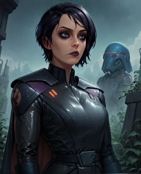 score_9,score_8_up,score_7_up,score_6_up, sabine wren ,,black hair, upper body, wet, armor,gloves,black bodysuit,black cape,belt...