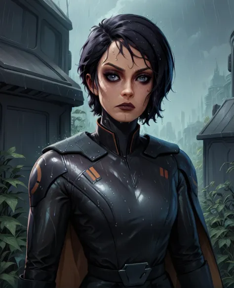 score_9,score_8_up,score_7_up,score_6_up, sabine wren ,,black hair, upper body, wet, armor,gloves,black bodysuit,black cape,belt...