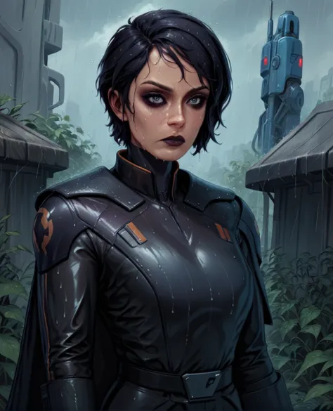 score_9,score_8_up,score_7_up,score_6_up, sabine wren ,,black hair, upper body, wet, armor,gloves,black bodysuit,black cape,belt...