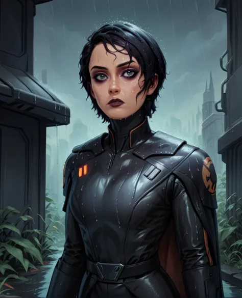 score_9,score_8_up,score_7_up,score_6_up, sabine wren ,,black hair, upper body, wet, armor,gloves,black bodysuit,black cape,belt...