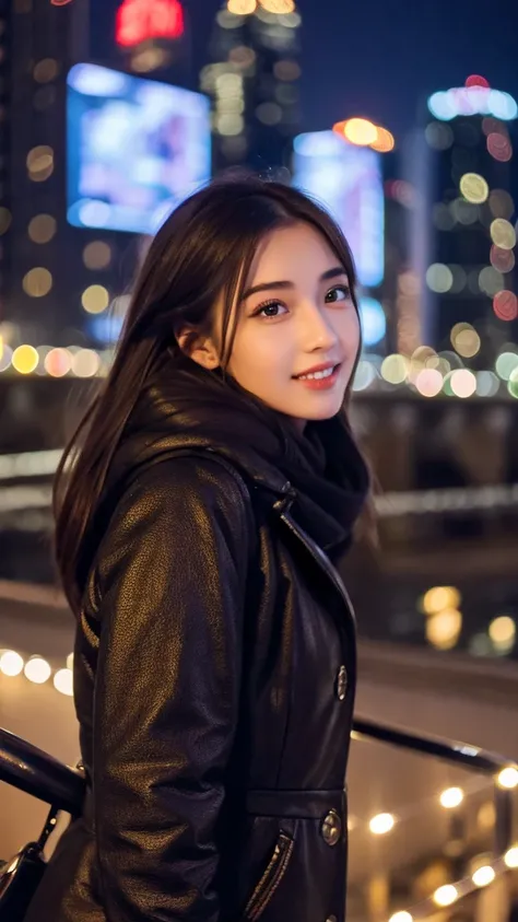 Highest resolution, 4K, Masterpiece, 1girl, fine eyes, Slender figure, Realistic teeth, double eyelids, full body, best quality, detailed, beauty, at the city, night, winter