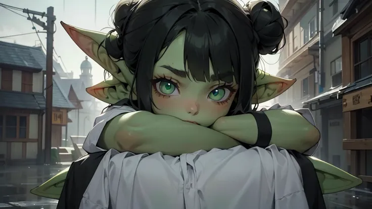 Best god quality, detailed, perfect anatomy, little goblin girl, goblin in just a big shirt, she is wearing only a oversized shirt, raining, its raining hard, night, house, pointy ears, long ears, green skin, she has black hair, cute, big green eyes, looki...