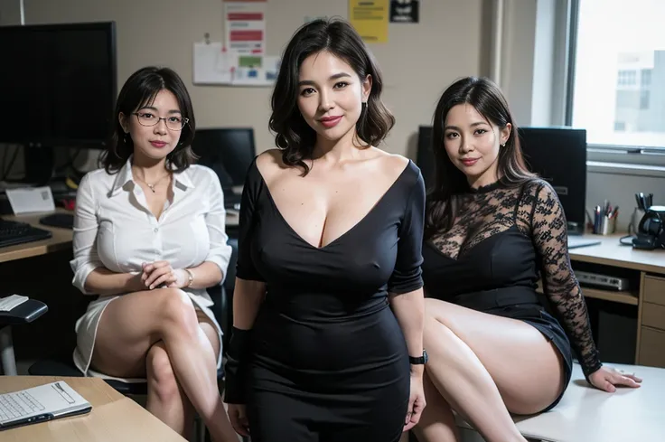 ((Best Quality, 8k, Masterpiecedetails, ultra-high resolution)), (group picture),(looking at the viewer), (full shot:), attractive business 5 milfs, 5 people, a bit chubby:0.15, seductive expression, underwear, (sitting on office desks)), smile, office of ...