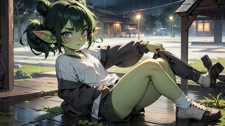 Best god quality, detailed, perfect anatomy, little goblin girl, goblin in just a big shirt, no shorts, no socks, exposed thighs, raining, its raining hard, night, house, pointy ears, long ears, green skin, she has black hair, cute, big green eyes, looking...