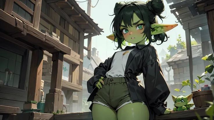 Best god quality, detailed, perfect anatomy, little goblin girl, goblin in just a big shirt, no shorts, no socks, exposed thighs, naked thighs, raining, its raining hard, night, house, pointy ears, long ears, green skin, she has black hair, cute, big green...