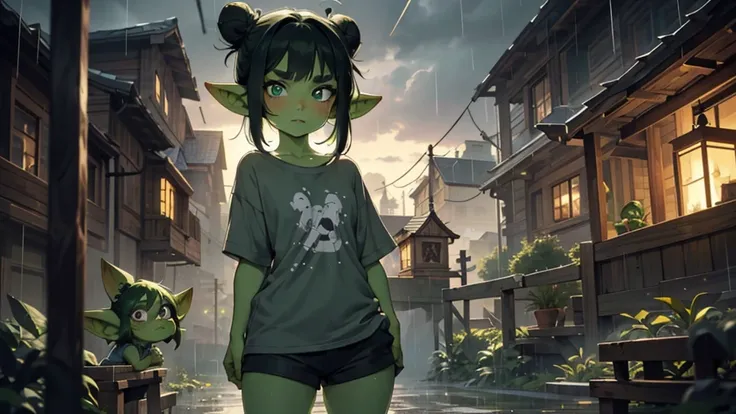 Best god quality, detailed, perfect anatomy, little goblin girl, goblin in just a big shirt, no shorts, no socks, exposed thighs, naked thighs, raining, its raining hard, night, house, pointy ears, long ears, green skin, she has black hair, cute, big green...