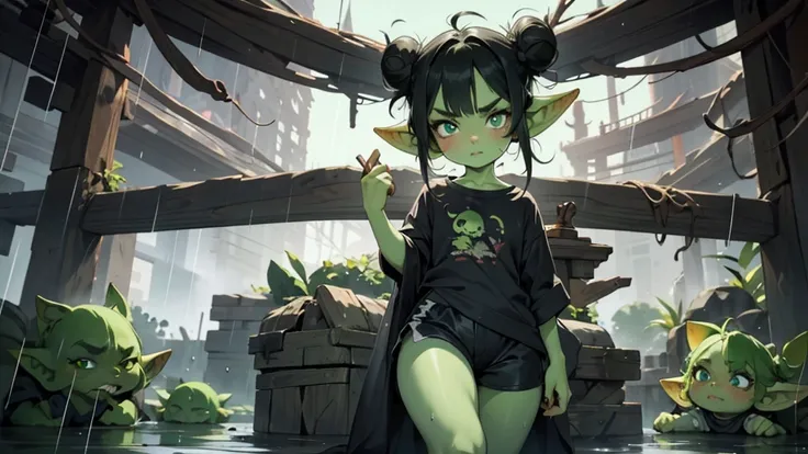 Best god quality, detailed, perfect anatomy, little goblin girl, goblin in just a big shirt, no shorts, no socks, exposed thighs, naked thighs, raining, its raining hard, night, house, pointy ears, long ears, green skin, she has black hair, cute, big green...