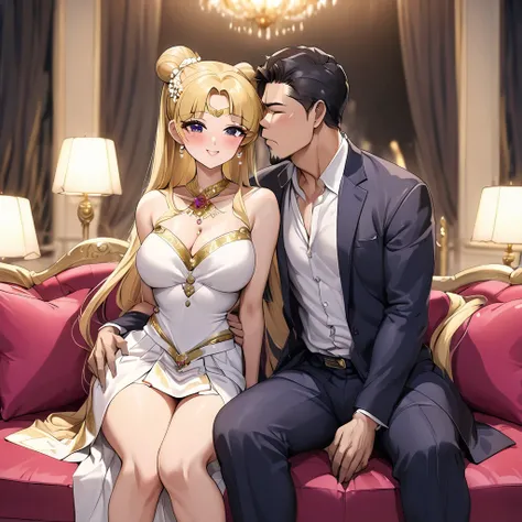 ((Highest quality)), ((masterpiece)), (detailed), （Perfect Face）、The woman is a Thai woman named Tsukino Usagi, and is in a luxurious Thai mansion wearing a gorgeous, glittering siwalai with gold embroidery, gorgeous jeweled accessories, and an engagement ...