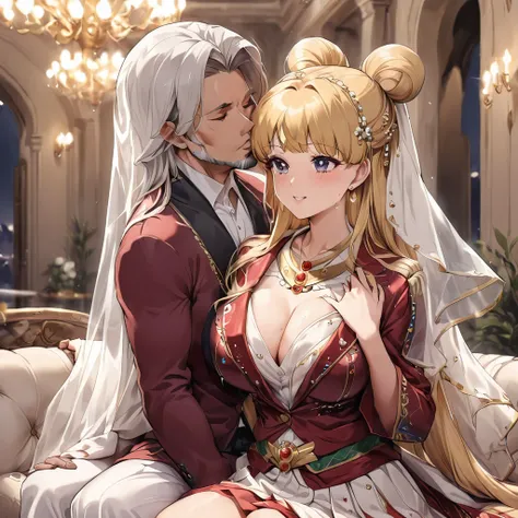 ((Highest quality)), ((masterpiece)), (detailed), （Perfect Face）、The woman is an Italian named Tsukino Usagi, and in a luxurious Italian mansion, she is wearing the gorgeous and glittering Italian traditional Sardinian costume, a lavishly decorated velvet ...