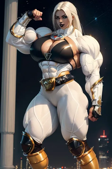 ((((Massive, beautiful, buff, light brown skinned muscular woman with white hair, black lipstick, ginormous bulky muscles and wearing a sparkly white power ranger suit with power ranger pants)))), (breast), massive muscle, massive biceps, hyper muscle tric...