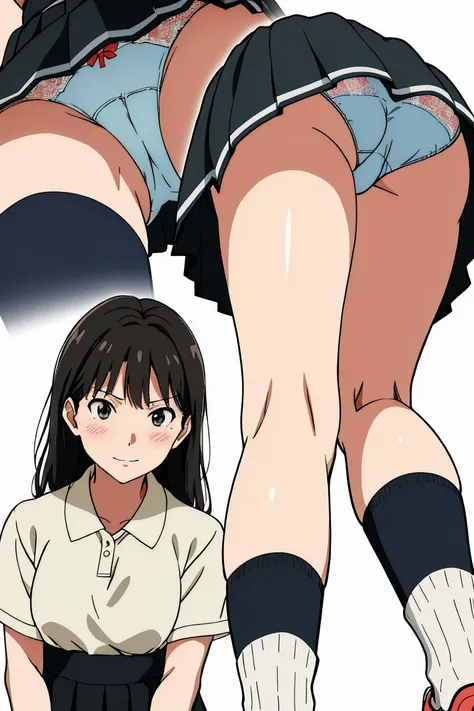 (masterpiece, Highest quality:1.2) official anime style,amagami,ayatsuji tsukasa、,High resolution,1 Station Front、girl,One person、Long straight black hair、smile、blush、, loose socks, sneakers、Short sleeve, Tight mini skirt、Lace panties, ((From below、whole b...