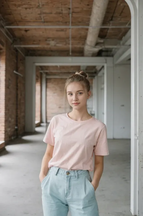 her name is An, high quality, 1girl, ((20-year-old fit Caucasian woman)), ((20 years old)), ((fit)), ((hair in a bun)), pose: standing, wearing pastel colored unique gen Z modern wear, BACKGROUND: Your apartment is in a converted industrial loft, with expo...