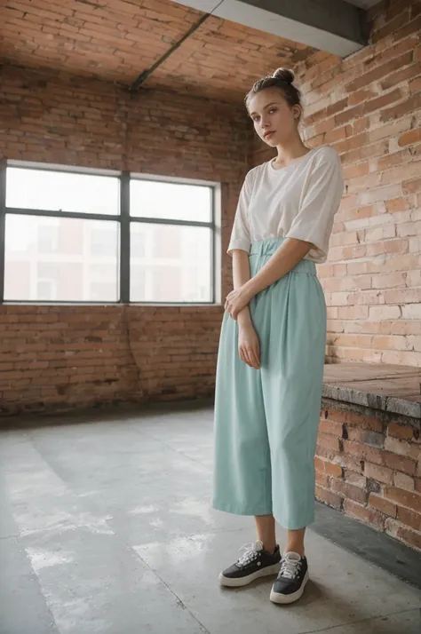 her name is An, high quality, 1girl, ((20-year-old fit Caucasian woman)), ((20 years old)), ((fit)), ((hair in a bun)), pose: standing, wearing pastel colored unique gen Z modern wear, BACKGROUND: Your apartment is in a converted industrial loft, with expo...