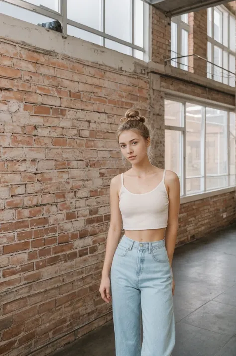 her name is An, high quality, 1girl, ((20-year-old fit Caucasian woman)), ((20 years old)), ((fit)), ((hair in a bun)), pose: standing, wearing pastel colored unique gen Z modern wear, BACKGROUND: Your apartment is in a converted industrial loft, with expo...