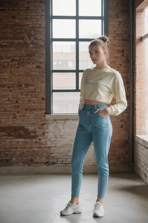 her name is An, high quality, 1girl, ((20-year-old fit Caucasian woman)), ((20 years old)), ((fit)), ((hair in a bun)), pose: standing, wearing pastel colored unique gen Z modern wear, BACKGROUND: Your apartment is in a converted industrial loft, with expo...