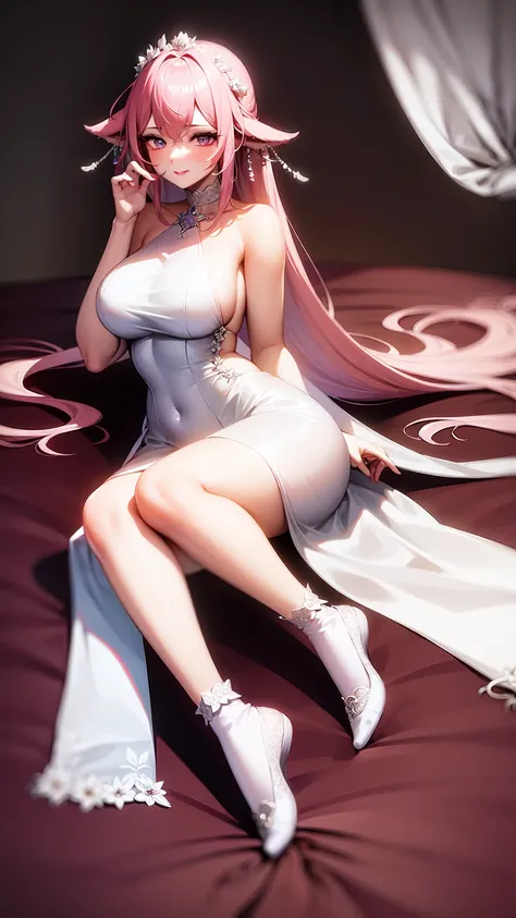 purple eyes,Wedding Dress,long skirt,socks,seductive face