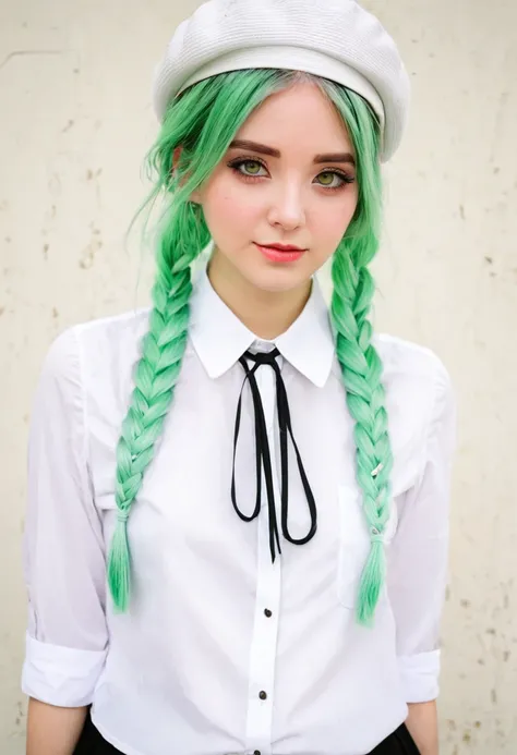 1girl, (bags under eyes:1.5), mint green hair, twin_braid, white beret, white shirt, flower necktie