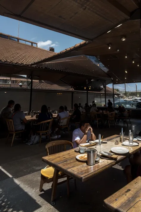 people sitting around and eating at an outdoor fish restaurant on a pier while a spaceship flies by in the distance, masterpiece, photo realistic, epic, best, futuristic restaurant scene