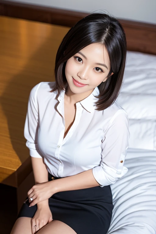 (a beautiful japanese office lady, age 28, wearing formal white shirt with buttons & grey mini-skirt, sleeping in bed, thoughtfu...