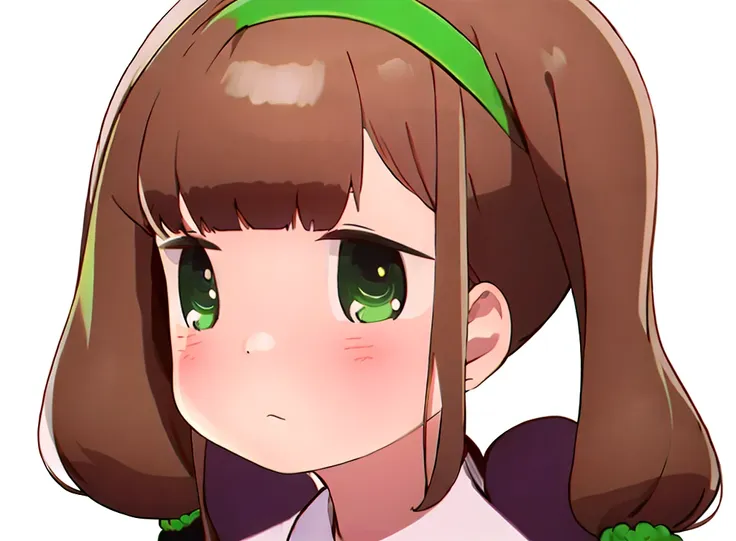 futaba,1girl,solo, brown hair, hairband, purple eyes, blush,looking at viewer, closed mouth, bangs, dress, green hairband,dress,...