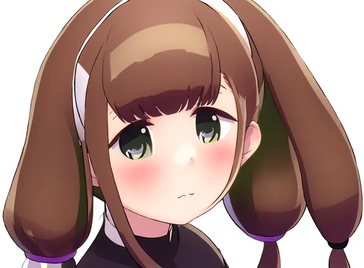 futaba,1girl,solo, brown hair, hairband, purple eyes, blush,looking at viewer, closed mouth, bangs, dress, green hairband,dress,...