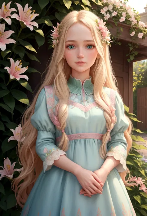 Anna, with her long, wavy blond hair, warm green eyes, and pink dress with a floral pattern, gently places a hand on Lilys shoulder. Lily, with her long blond hair, sparkling blue eyes, and light blue dress adorned with small flowers, looks up at her mothe...