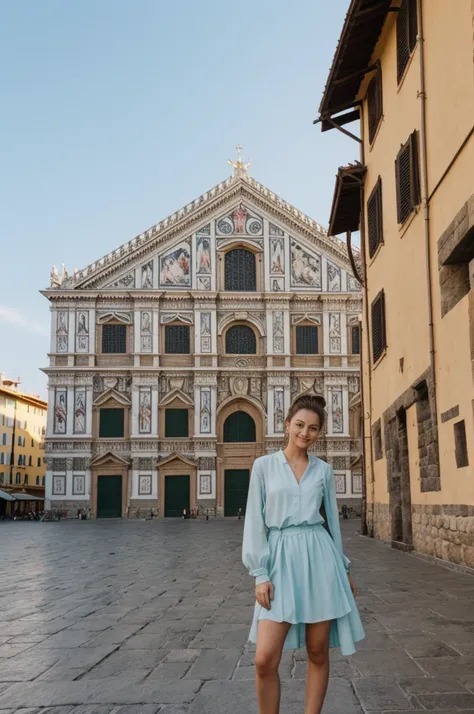 her name is An, high quality, 1girl, ((20-year-old fit Caucasian woman)), ((20 years old)), ((fit)), ((hair in a bun)), pose: standing, wearing pastel colored unique gen Z modern wear, BACKGROUND: "Your home is an elegant Renaissance palazzo, with frescoed...