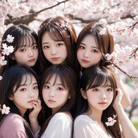 Three cute, beautiful women with sad expressions, surrounded by falling cherry blossoms. Close-up shots and soft lighting, the background is filled with delicate falling cherry blossoms.